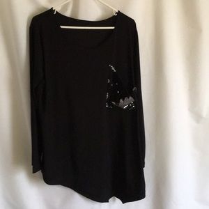 Black Beaded Pocket Long  Sleeve Stretchy Shirt 2X